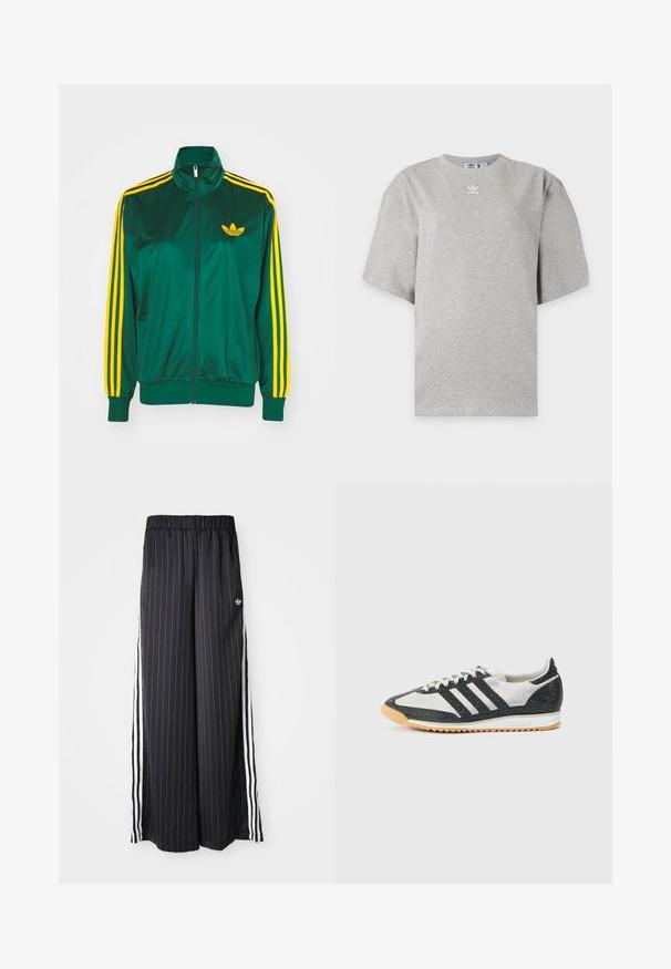 Zelená saténová tréningová bunda, predné zips, vysoký golier, žltý trojprúžkový dizajn na rukávoch a malé žlté logo na hrudi.; Svetlosivé tričko Adidas s krátkym rukávom, okrúhlym výstrihom a malým bielym logom Adidas na hrudi, zobrazené na jednoduchom pozadí.; Čierne široké nohavice s vertikálnymi bielymi pruhmi, elastický pás a tri biele pruhy po stranách. Logo Adidas vpredu.; Čierno-biela športová obuv s sieťovaným zvrškom, tromi čiernymi pruhmi, textúrovanou tkaninou a podrážkou z gumovej gumy.