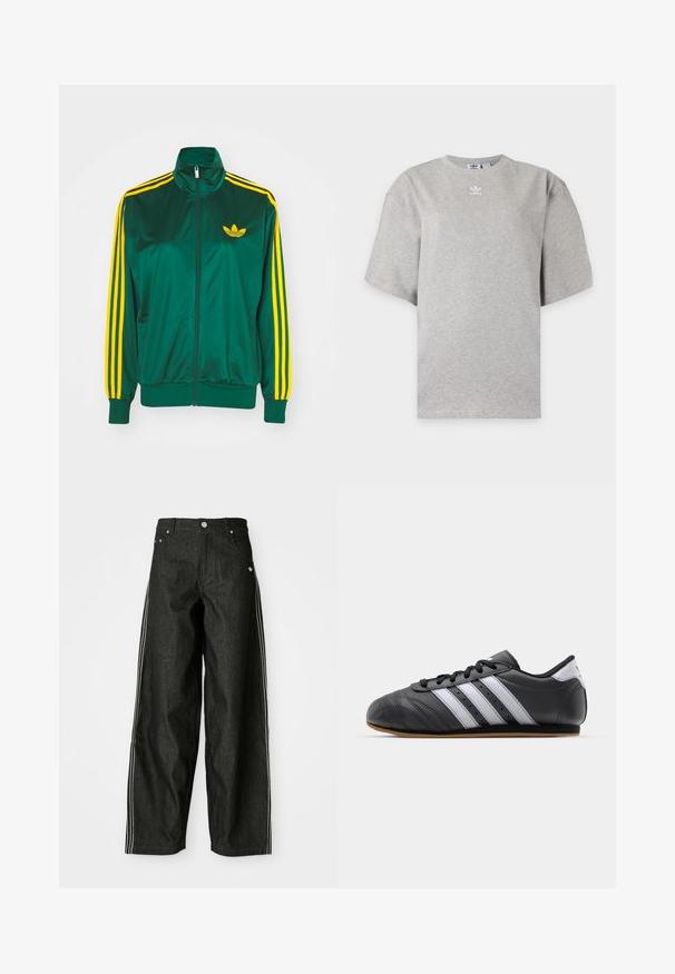 Grøn satin trackjakke, lynlåsfortil, høj krave, gul tre-stripes design på ærmerne og et lille gult logo på brystet.; Lysegrå Adidas T-shirt med korte ærmer, rund hals og lille hvid Adidas-logo på brystet, vist på en ensfarvet baggrund.; Sorte denim bukser med brede ben og hvide sider, der har forlommer, knaplukning og et diskret logo nær taljen.; Sorte lædersportssko med hvide striber, rund tå, flad sål og snørelukning. Har perforeringer for åndbarhed.