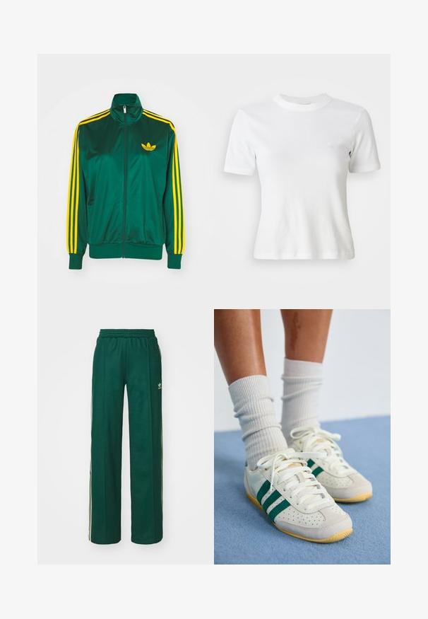 Chaqueta de pista satinada verde, con cremallera en la parte delantera, alto cuello, diseño de tres rayas amarillas en las mangas y un pequeño logo amarillo en el pecho.; Camiseta blanca de manga corta con canalé, escote redondo y un pequeño logo en el pecho. Fabricada con una tela suave y con un diseño ajustado.; Pantalones deportivos de color verde oscuro con un corte relajado, que cuentan con una cintura con cordón, bolsillos laterales y franjas color crema a lo largo de los costados.; Pies con zapatillas blancas con rayas verdes y calcetines blancos de canalé que están sobre una alfombra azul claro.