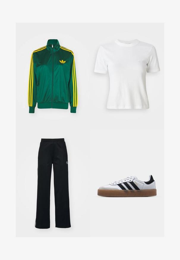 Chaqueta de pista satinada verde, con cremallera en la parte delantera, alto cuello, diseño de tres rayas amarillas en las mangas y un pequeño logo amarillo en el pecho.; Camiseta blanca de manga corta con canalé, escote redondo y un pequeño logo en el pecho. Fabricada con una tela suave y con un diseño ajustado.; Pantalones deportivos negros con corte relajado, cintura con cordón, bolsillos laterales con cremallera y sutil marca blanca en la pierna izquierda.; Zapatillas de cuero blancas con rayas negras, suela de goma, puntera redonda, cierre de cordones y caperuza de ante gris suave.