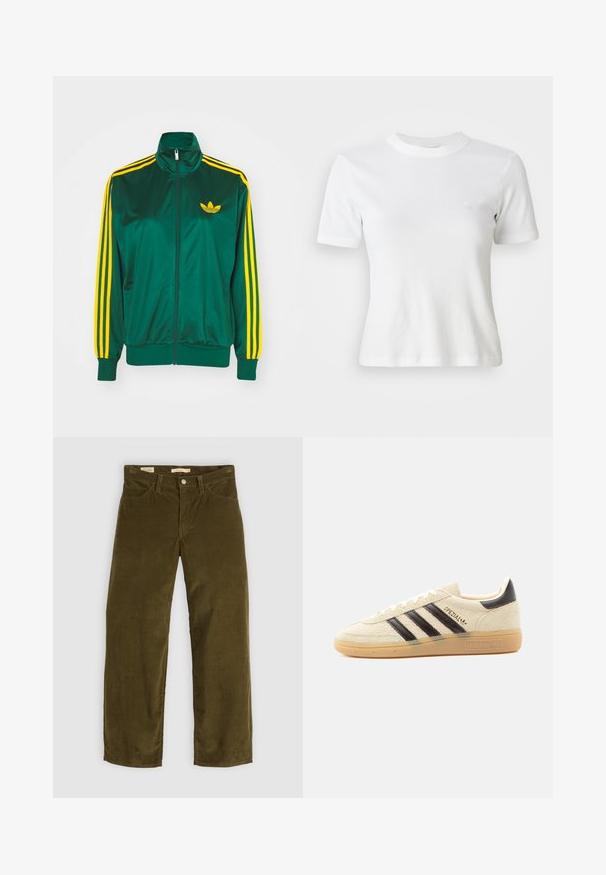 Grüne Satin-Trainingsjacke, mit Reißverschluss vorne, hohem Kragen, gelbem Drei-Streifen-Design an den Ärmeln und kleinem gelben Logo auf der Brust.; Weiße, gerippte Kurzarm-T-Shirt mit Rundhalsausschnitt und kleinem Logo auf der Brust. Aus weichem Stoff gefertigt mit taillierter Passform.; Olivgrüne Cordhosen mit geradem Bein, die über Fronttaschen und einen Knopfverschluss verfügen und eine vertikale Rippstruktur aufweisen.; Cremefarbener Wildleder-Sneaker mit schwarzen Streifen, Gummisohle, schwarzem Fersenlasche und goldenem „SPEZIAL“-Schriftzug an der Seite.