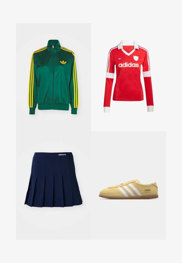 Grøn satin trackjakke, lynlåsfortil, høj krave, gul tre-stripes design på ærmerne og et lille gult logo på brystet.; Rød langærmet fodboldtrøje med hvid krave og manchetter. Har tre hvide striber på skuldrene og "adidas" logoet fremtrædende vist.; Marineblå plisseret nederdel lavet af letvægtsstof; har en elastisk talje og en lille lynlås-lomme, med et hvidt Adidas-logo på forsiden.; adidas Originals GAZELLE LO PRO W - Sneakers - almost yellow/footwear white