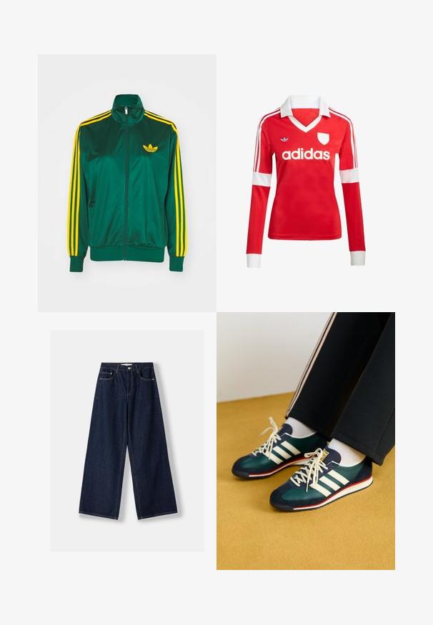 Grüne Satin-Trainingsjacke, mit Reißverschluss vorne, hohem Kragen, gelbem Drei-Streifen-Design an den Ärmeln und kleinem gelben Logo auf der Brust.; Rotes Fußballtrikot mit langen Ärmeln, weißem Kragen und weißen Ärmelbündchen. Es hat drei weiße Streifen auf den Schultern und das "adidas"-Logo ist auffällig platziert.; Dunkelblaue Jeans mit weitem Bein, vorderer Knopf- und Reißverschluss, vorderen Taschen und Gürtelschlaufen, flach auf weißem Hintergrund ausgelegt.; Grüne Wildleder- und Mesh-Sneaker mit weißen Streifen und roten Akzenten. Sie verfügen über eine flache Sohle und eine runde Zehenpartie, die mit cremefarbenen Schnürsenkeln gebunden sind.
