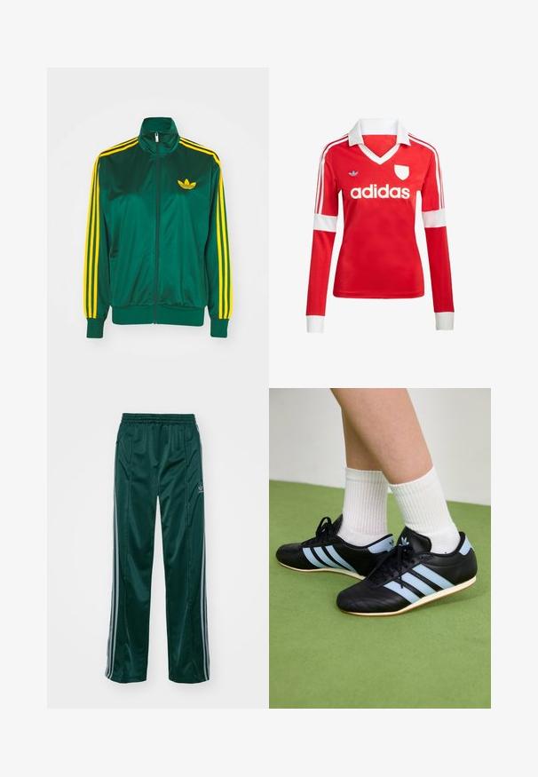 Grøn satin trackjakke, lynlåsfortil, høj krave, gul tre-stripes design på ærmerne og et lille gult logo på brystet.; Rød langærmet fodboldtrøje med hvid krave og manchetter. Har tre hvide striber på skuldrene og "adidas" logoet fremtrædende vist.; Mørkegrønne træningsbukser lavet af skinnende materiale, med sidelister i lys grå og et broderet logo på venstre ben.; Sorte lædersportssko med lyseblå striber, teksturerede overdele og gummisko, parret med hvidt ribbet sokker på grønne gulve.