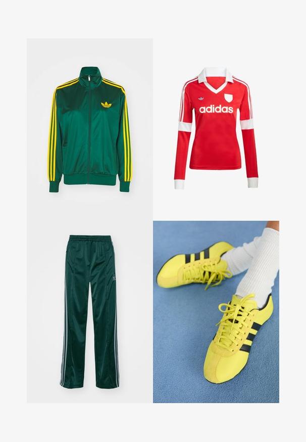 Grøn satin trackjakke, lynlåsfortil, høj krave, gul tre-stripes design på ærmerne og et lille gult logo på brystet.; Rød langærmet fodboldtrøje med hvid krave og manchetter. Har tre hvide striber på skuldrene og "adidas" logoet fremtrædende vist.; Mørkegrønne træningsbukser lavet af skinnende materiale, med sidelister i lys grå og et broderet logo på venstre ben.; Lys gule atletiksko med sorte striber og snørebånd; har en struktureret overdel og suedefornum. Brugt med hvide ribbede sokker.
