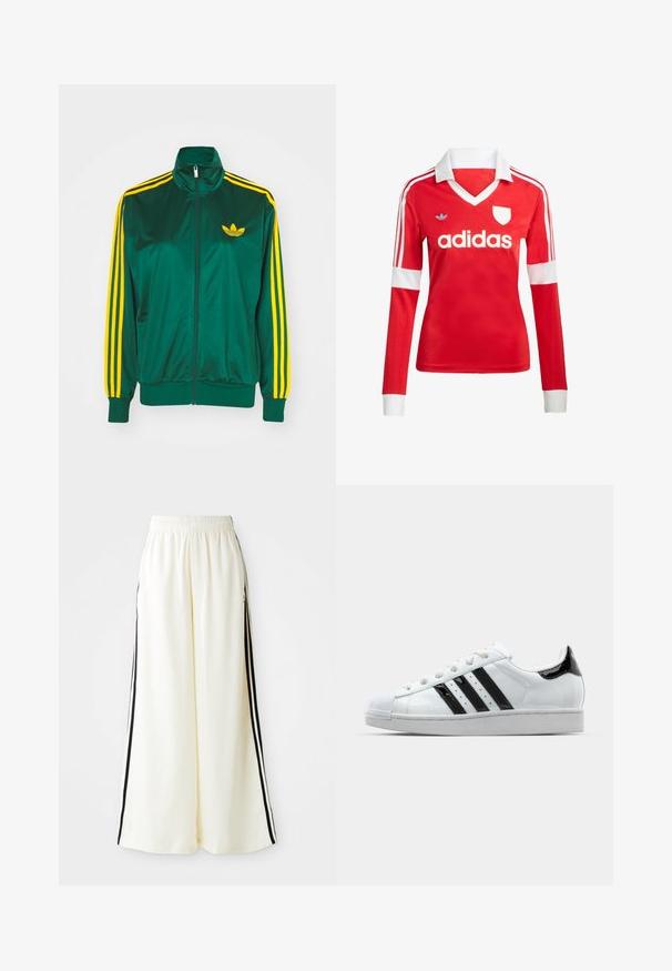 Groene satijnen trainingsjack, met rits aan de voorkant, hoge kraag, gele drie-strepen design op de mouwen en een klein geel logo op de borst.; Rode lange mouwen voetbalshirt met een witte kraag en manchetten. Heeft drie witte strepen op de schouders en het "adidas" logo prominent weergegeven.; Witte wijde broek met elastische tailleband en zwarte verticale strepen langs de buitennaad.; Witte sneaker met zwarte gepatineerde accenten, drie zwarte strepen en een rubberen neuzenkap. Voorzien van witte veters en een gladde bovenkant.