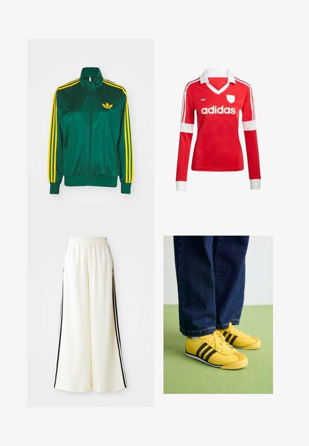 Veste de survêtement en satin vert, fermeture éclair devant, col haut, design à trois rayures jaunes sur les manches, et un petit logo jaune sur la poitrine.; Maillot de football à manches longues rouge avec un col et des poignets blancs. Présente trois rayures blanches sur les épaules et le logo "adidas" affiché en évidence.; Pantalons larges blancs avec taille élastique et rayures verticales noires le long des coutures extérieures.; Baskets en cuir jaune avec rayures noires, un bout texturé et une semelle blanche, associées à un jean en denim sombre, posées sur une surface verte.
