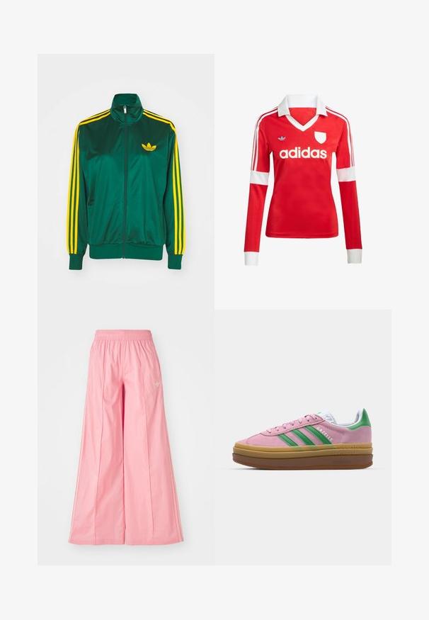 Veste de survêtement en satin vert, fermeture éclair devant, col haut, design à trois rayures jaunes sur les manches, et un petit logo jaune sur la poitrine.; Maillot de football à manches longues rouge avec un col et des poignets blancs. Présente trois rayures blanches sur les épaules et le logo "adidas" affiché en évidence.; Pantalons larges roses en tissu léger, dotés d'une ceinture élastique et de rayures blanches discrètes sur les côtés. Petit logo sur le devant.; Baskets en daim rose avec des rayures vertes, des accents blancs et une semelle en caoutchouc brun. Comportent un tissu texturé et un détail de logo sur le côté.