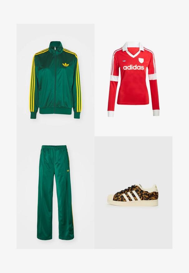 Grüne Satin-Trainingsjacke, mit Reißverschluss vorne, hohem Kragen, gelbem Drei-Streifen-Design an den Ärmeln und kleinem gelben Logo auf der Brust.; Rotes Fußballtrikot mit langen Ärmeln, weißem Kragen und weißen Ärmelbündchen. Es hat drei weiße Streifen auf den Schultern und das "adidas"-Logo ist auffällig platziert.; Grüne satinierte Sporthosen mit entspannter Passform, mit gelben Streifenakzenten und einem gestickten Logo auf der linken Seite. Elastischer Bund.; Leopardenmuster-Sneaker mit schwarzen Schnürsenkeln, weißem Drei-Streifen-Design, cremefarbenem Gummispitze und -sohle sowie strukturiertem Obermaterial.