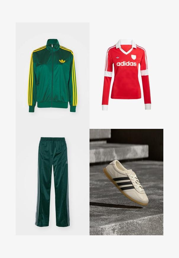 Veste de survêtement en satin vert, fermeture éclair devant, col haut, design à trois rayures jaunes sur les manches, et un petit logo jaune sur la poitrine.; Maillot de football à manches longues rouge avec un col et des poignets blancs. Présente trois rayures blanches sur les épaules et le logo "adidas" affiché en évidence.; Pantalons de sport vert foncé en matériau brillant, avec des bandes latérales gris clair et un logo brodé sur la jambe gauche.; Baskets blanches avec des bandes noires et une semelle en gomme flottant au-dessus d’escaliers en béton dans une lumière douce du jour.