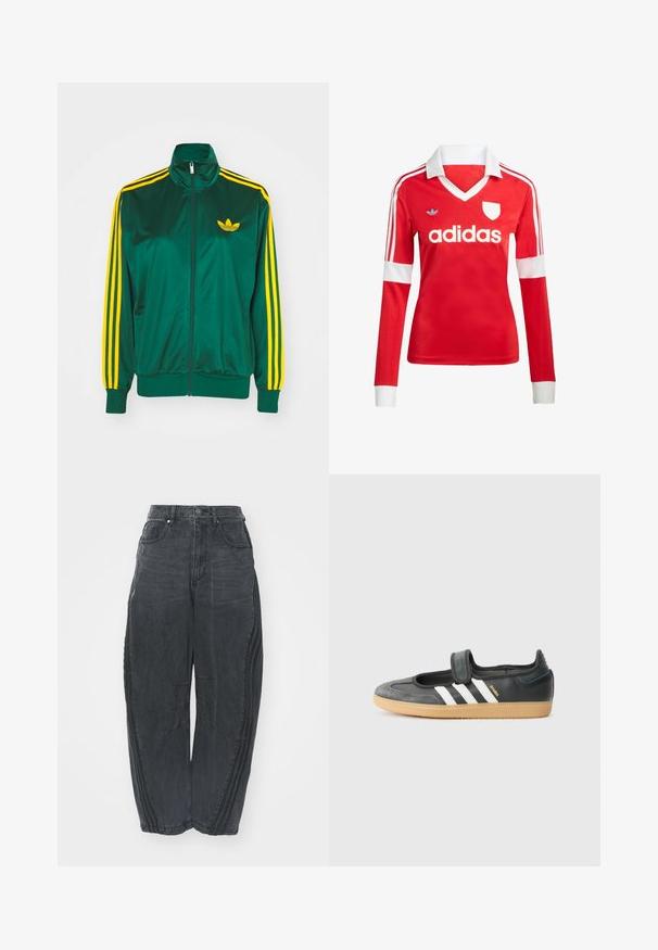 Grüne Satin-Trainingsjacke, mit Reißverschluss vorne, hohem Kragen, gelbem Drei-Streifen-Design an den Ärmeln und kleinem gelben Logo auf der Brust.; Rotes Fußballtrikot mit langen Ärmeln, weißem Kragen und weißen Ärmelbündchen. Es hat drei weiße Streifen auf den Schultern und das "adidas"-Logo ist auffällig platziert.; Lockere schwarze Denim-Jeans mit einem verblassten Finish, fünf Taschen, einem Knopfverschluss an der Taille und gestickten Details an der Vorderseite und den Seiten.; Schwarze Leder- und Wildledersneaker mit einem Klettverschluss, ausgestattet mit drei weißen Streifen und einer Gummisohle, beschriftet mit "SAMBA" an der Seite.