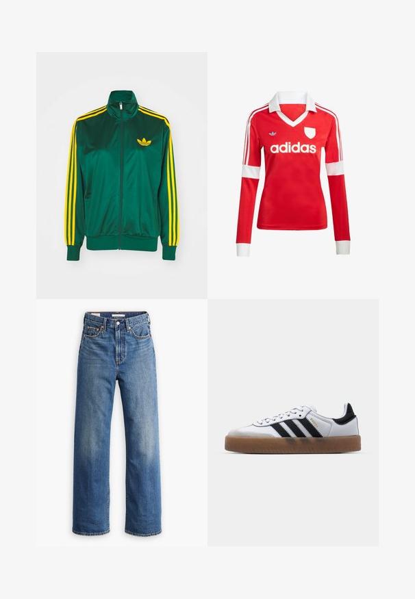 Veste de survêtement en satin vert, fermeture éclair devant, col haut, design à trois rayures jaunes sur les manches, et un petit logo jaune sur la poitrine.; Maillot de football à manches longues rouge avec un col et des poignets blancs. Présente trois rayures blanches sur les épaules et le logo "adidas" affiché en évidence.; Jean en denim bleu clair avec une taille haute, une coupe à jambes larges, un style classique à cinq poches et un léger délavage sur le tissu.; Baskets en cuir blanc avec des rayures noires, semelle extérieure en caoutchouc beige, bout rond, fermeture lacée et embout en suède gris doux.
