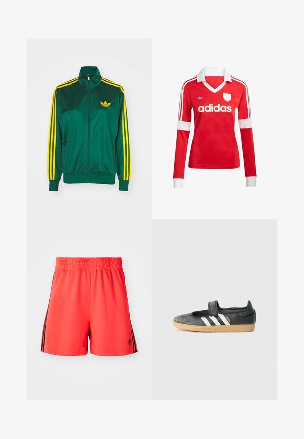 Grøn satin trackjakke, lynlåsfortil, høj krave, gul tre-stripes design på ærmerne og et lille gult logo på brystet.; Rød langærmet fodboldtrøje med hvid krave og manchetter. Har tre hvide striber på skuldrene og "adidas" logoet fremtrædende vist.; Røde atletiske shorts lavet af letvægtsmateriale med elastisk talje, med tre sorte lodrette striber på hver side og logo.; Sort læder- og ruskinds sneakers med en Velcro-rem, der har tre hvide striber og en gummisål, mærket "SAMBA" på siden.