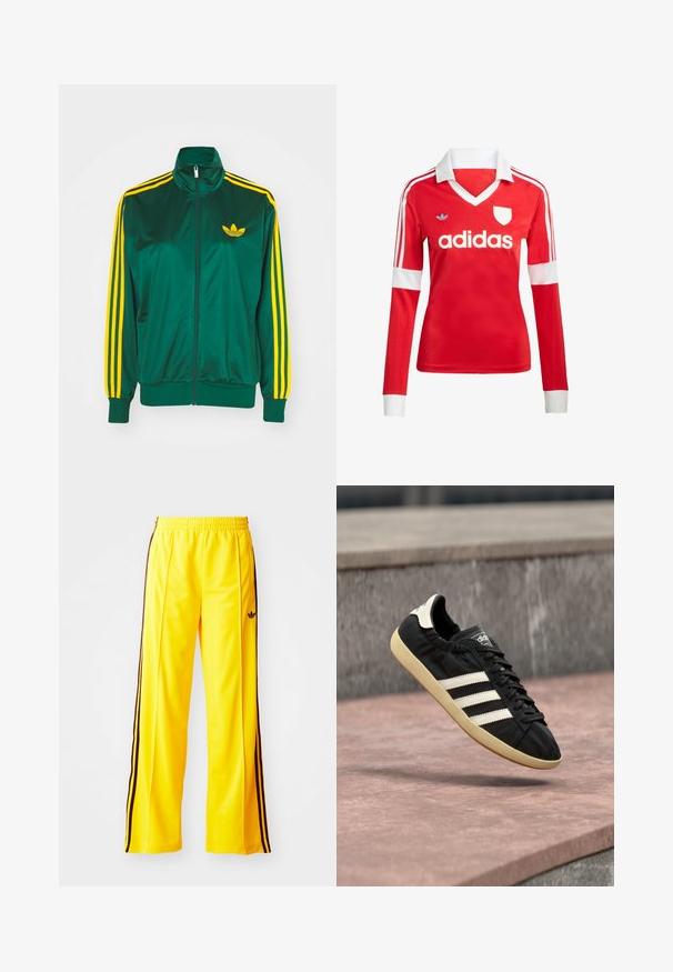 Roheline satiinist spordijakk, lukuga ees, kõrge kaelus, kollased kolm triipu disainis varrukatel ning väike kollane logo rinnal.; Punane pikade varrukatega jalgpallipluus valge krae ja varrukateotstega. Omab kolme valget triipu õlgadel ja väljapaistvat "adidas" logo.; Kollased spordipüksid mustade külgede triipudega ja elastse vöökoha ülesehitusega. Valmistatud sujuvast, kergekaalusest materjalist. Säärtes on logo.; Must Adidas tennisejalats valgete triipude ja beežika tallaga, õhus kivipinnast ja kivimüürist taustal pildistatud.