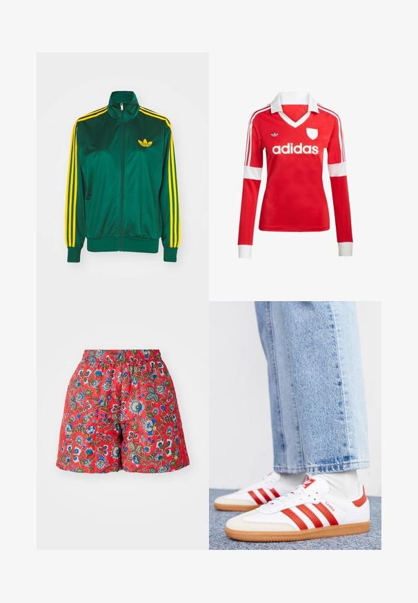 Grüne Satin-Trainingsjacke, mit Reißverschluss vorne, hohem Kragen, gelbem Drei-Streifen-Design an den Ärmeln und kleinem gelben Logo auf der Brust.; Rotes Fußballtrikot mit langen Ärmeln, weißem Kragen und weißen Ärmelbündchen. Es hat drei weiße Streifen auf den Schultern und das "adidas"-Logo ist auffällig platziert.; Rote Blumen-Shorts mit elastischem Bund. Verfügt über blau- und grün gepunktete Blumenmuster, glatte Textur und eine lockere Passform.; Weiße Leder Sneaker mit roten Streifen und Akzenten. Verfügt über eine strukturierte Gummi-Laufsohle und einen gepolsterten Schaft. Tragen mit hellblauer Jeans.