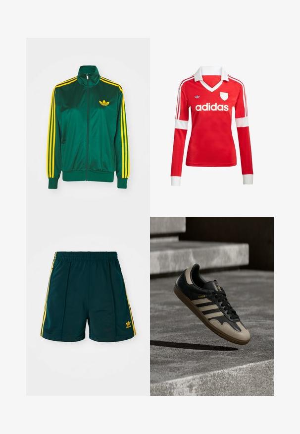 Grüne Satin-Trainingsjacke, mit Reißverschluss vorne, hohem Kragen, gelbem Drei-Streifen-Design an den Ärmeln und kleinem gelben Logo auf der Brust.; Rotes Fußballtrikot mit langen Ärmeln, weißem Kragen und weißen Ärmelbündchen. Es hat drei weiße Streifen auf den Schultern und das "adidas"-Logo ist auffällig platziert.; Dunkelgrüne Sportshorts mit einem elastischen Bund, ausgestattet mit gelben Seitenstreifen und einem gestickten gelben Logo am Unterschenkel.; Schwarzer und beiger Ledersneaker mit drei weißen Streifen, tannengrüner Gummisohle und goldener "Samba"-Detailierung an der Seite.