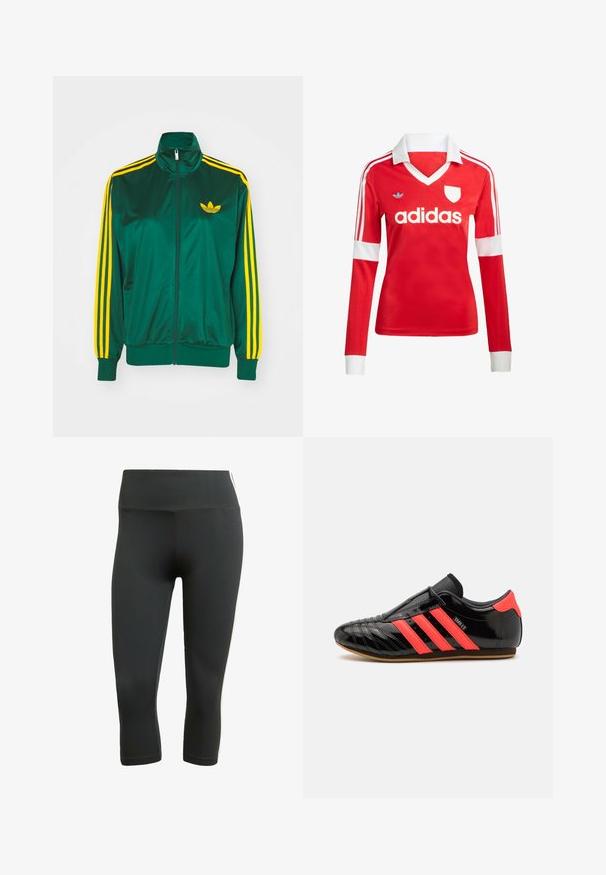 Groene satijnen trainingsjack, met rits aan de voorkant, hoge kraag, gele drie-strepen design op de mouwen en een klein geel logo op de borst.; Rode lange mouwen voetbalshirt met een witte kraag en manchetten. Heeft drie witte strepen op de schouders en het "adidas" logo prominent weergegeven.; Zwarte capri-legging gemaakt van rekbaar materiaal, met een brede tailleband en witte zijstrepen voor contrast en detail.; Zwarte sportschoenen met drie horizontale roze strepen, slank ontwerp, gladde lakleren bovenkant, rubberen zool, textuurdetails in de stiksels.