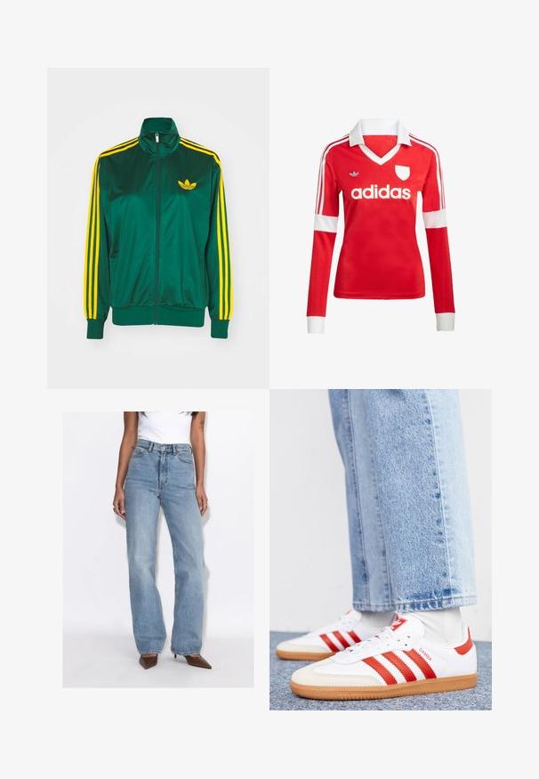 Grüne Satin-Trainingsjacke, mit Reißverschluss vorne, hohem Kragen, gelbem Drei-Streifen-Design an den Ärmeln und kleinem gelben Logo auf der Brust.; Rotes Fußballtrikot mit langen Ärmeln, weißem Kragen und weißen Ärmelbündchen. Es hat drei weiße Streifen auf den Schultern und das "adidas"-Logo ist auffällig platziert.; Frau trägt hellblaue High-Waist-Jeans mit geradem Bein, weißes ärmelloses Oberteil und braune spitze Absätze, steht vor weißem Hintergrund.; Weiße Leder Sneaker mit roten Streifen und Akzenten. Verfügt über eine strukturierte Gummi-Laufsohle und einen gepolsterten Schaft. Tragen mit hellblauer Jeans.