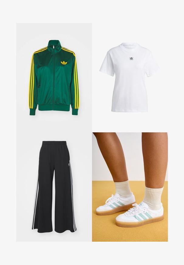 Grøn satin trackjakke, lynlåsfortil, høj krave, gul tre-stripes design på ærmerne og et lille gult logo på brystet.; adidas Originals REGULAR FIT - T-shirts basic - white; Sorte bukser med vide ben og elastik i taljen, med tre hvide striber langs ydersiderne og et lille logo foran.; Hvite sneakers med mintgrønne striber, gummisål og snørebånd, parret med ribbede cremefarvede sokker. Sat mod en gul baggrund.