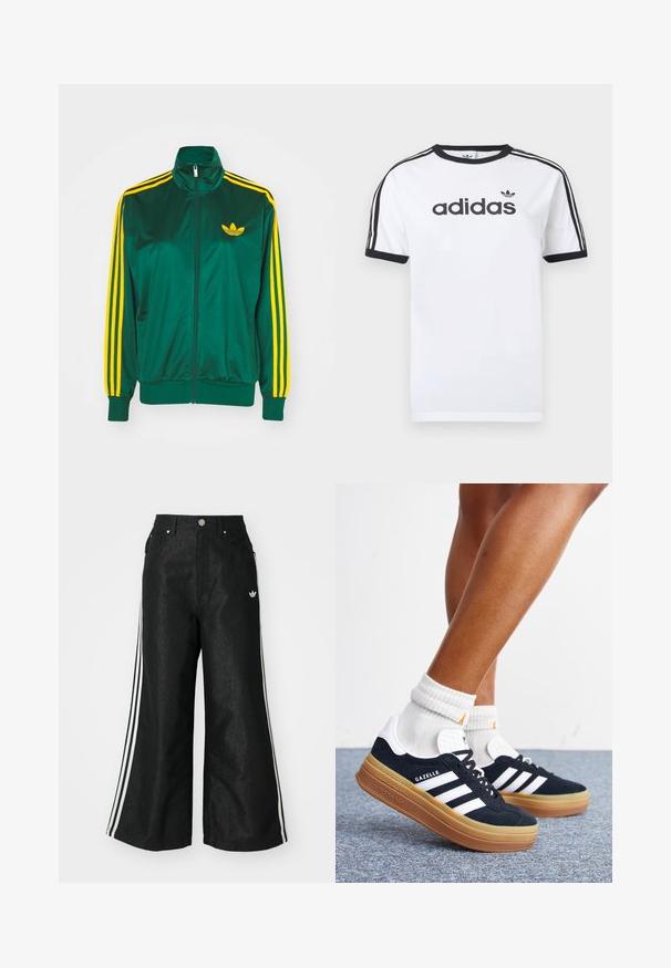 Chaqueta de pista satinada verde, con cremallera en la parte delantera, alto cuello, diseño de tres rayas amarillas en las mangas y un pequeño logo amarillo en el pecho.; Camiseta blanca de algodón con detalles en negro, presenta un cuello redondo, mangas cortas, tres rayas negras en los hombros y el logo "adidas" en negro.; Pantalones de denim anchos y negros con tres franjas blancas en cada lado y un pequeño logo blanco. Cuenta con bolsillos frontales y un cierre de botón.; Piernas con calcetines blancos y zapatillas Adidas Gazelle negras con rayas blancas y suelas marrones gruesas sobre un suelo alfombrado gris.