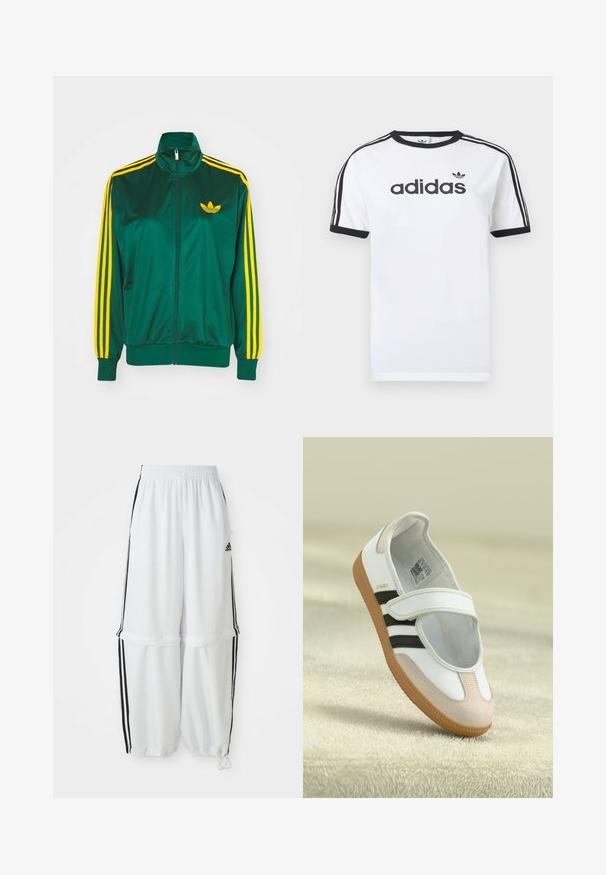 Grøn satin trackjakke, lynlåsfortil, høj krave, gul tre-stripes design på ærmerne og et lille gult logo på brystet.; Hvid bomulds-T-shirt med sorte detaljer, har rundt halsudskæring, korte ærmer, tre sorte striber på skuldrene og adidas-logo i sort.; Hvide sportbukser med en afslappet pasform, elastisk talje og sorte sidelæg. Har lynlåslommer og elastiske afslutninger ved anklerne.; Hvid sko med en lyserød ruskindforfod, sorte striber og en velcrorem. Har en lys gummi sål og et logo på siden.