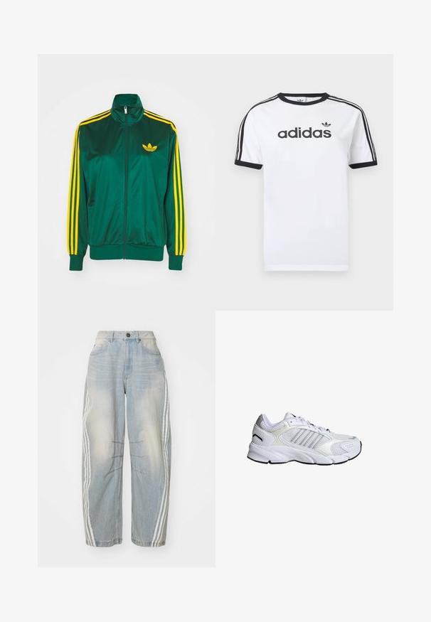 Grøn satin trackjakke, lynlåsfortil, høj krave, gul tre-stripes design på ærmerne og et lille gult logo på brystet.; Hvid bomulds-T-shirt med sorte detaljer, har rundt halsudskæring, korte ærmer, tre sorte striber på skuldrene og adidas-logo i sort.; Lyseblå denimjeans med løs pasform, der har hvide striber ned langs siderne, slidte detaljer og knaplukning i taljen.; Hvide sportsko i åndbart mesh og syntetiske materialer, med tre sølvstriber, struktureret gummisål og polstret krave.