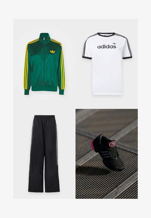 Grüne Satin-Trainingsjacke, mit Reißverschluss vorne, hohem Kragen, gelbem Drei-Streifen-Design an den Ärmeln und kleinem gelben Logo auf der Brust.; Weißes Baumwoll-T-Shirt mit schwarzen Akzenten, verfügt über einen Rundhalsausschnitt, kurze Ärmel, drei schwarze Streifen auf den Schultern und das "adidas"-Logo in Schwarz.; Schwarze, weit geschnittene Trainingshose mit elastischem Bund und drei weißen Streifen an jeder Seite der Beine.; Schwarzer Sportschuh mit Netzobermaterial, pinken Akzenten und schwarzen gestreiften Details. Verfügt über eine strukturierte Außensohle und ein Logo-Label an der Ferse.