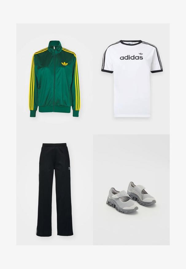 Grüne Satin-Trainingsjacke, mit Reißverschluss vorne, hohem Kragen, gelbem Drei-Streifen-Design an den Ärmeln und kleinem gelben Logo auf der Brust.; Weißes Baumwoll-T-Shirt mit schwarzen Akzenten, verfügt über einen Rundhalsausschnitt, kurze Ärmel, drei schwarze Streifen auf den Schultern und das "adidas"-Logo in Schwarz.; Schwarze Sporthosen mit lockerer Passform, Kordelzugbund, seitlichen Reißverschlusstaschen und dezentem weißen Branding am linken Bein.; Grau Schuhe aus leichtem Material mit einem Oberteil aus Netzgewebe und einer gepolsterten Zwischensohle. Besitzt einen Klettverschluss und eine abgerundete Zehe mit einem durchbrochenen Sohlen-Design.