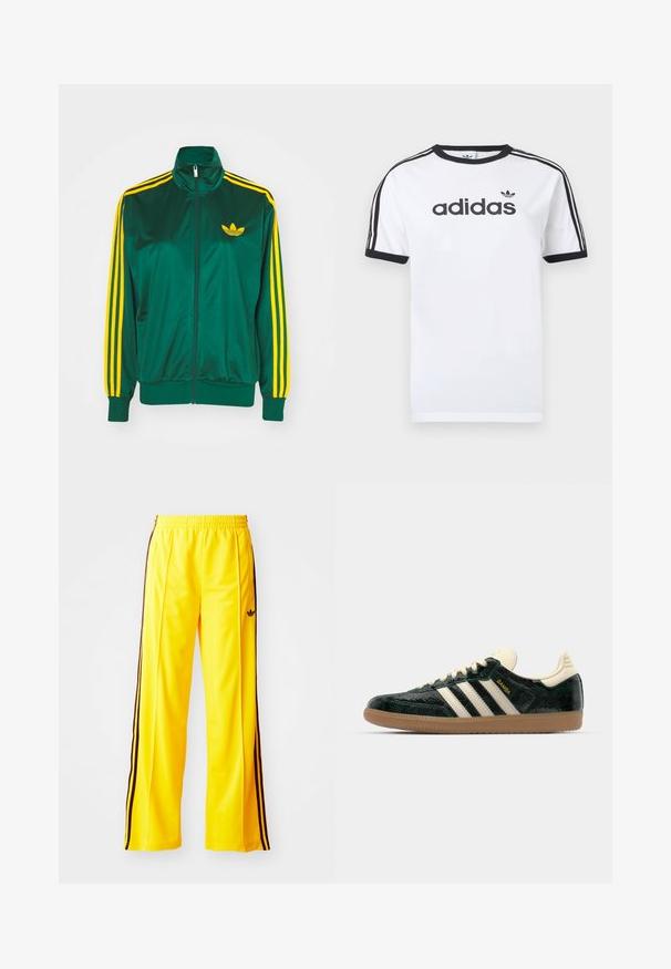 Groene satijnen trainingsjack, met rits aan de voorkant, hoge kraag, gele drie-strepen design op de mouwen en een klein geel logo op de borst.; Wit katoenen T-shirt met zwarte accenten, voorzien van een ronde hals, korte mouwen, drie zwarte strepen op de schouders en het "adidas"-logo in het zwart.; Gele sportbroek met zwarte zijstrepen en een elastische tailleband. Gemaakt van glad materiaal dat licht van gewicht is. Bevat een logo op de dij.; adidas Originals SAMBA OG - Sneakers laag - cream white/collegiate green