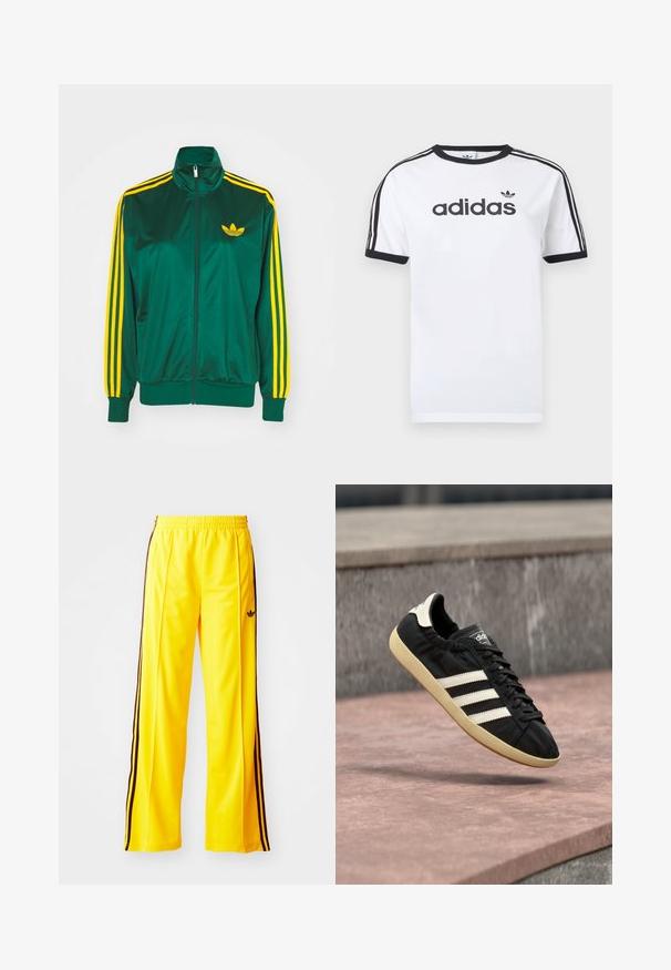 Grüne Satin-Trainingsjacke, mit Reißverschluss vorne, hohem Kragen, gelbem Drei-Streifen-Design an den Ärmeln und kleinem gelben Logo auf der Brust.; Weißes Baumwoll-T-Shirt mit schwarzen Akzenten, verfügt über einen Rundhalsausschnitt, kurze Ärmel, drei schwarze Streifen auf den Schultern und das "adidas"-Logo in Schwarz.; Gelbe Sporthosen mit schwarzen seitlichen Streifen und einem elastischen Bund. Hergestellt aus glattem, leichtem Material. Verfügt über ein Logo auf dem Oberschenkel.; Schwarzer Adidas-Sneaker mit weißen Streifen und beiger Sohle, in der Luft über einer steinernen Oberfläche und mit Steinwand im Hintergrund aufgenommen.