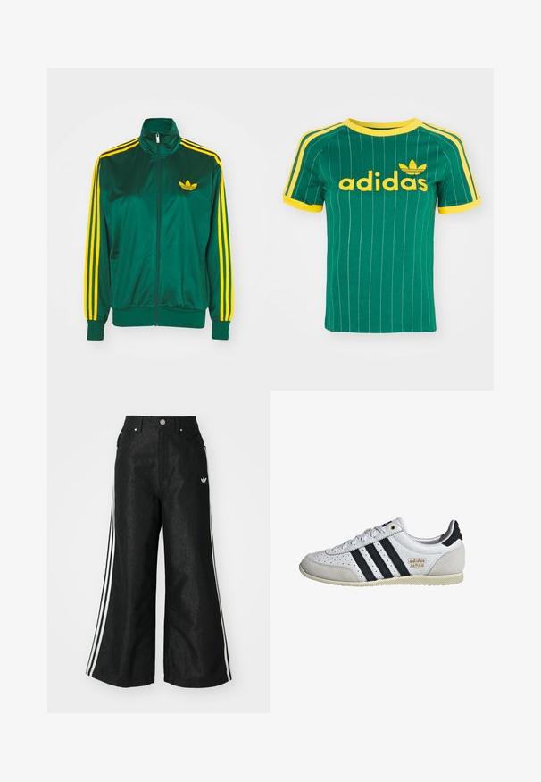 Chaqueta de pista satinada verde, con cremallera en la parte delantera, alto cuello, diseño de tres rayas amarillas en las mangas y un pequeño logo amarillo en el pecho.; Camiseta de algodón verde con rayas blancas verticales, detalles amarillos y el logo de "adidas" en fuente amarilla. Diseño de manga corta y cuello redondo.; Pantalones de denim anchos y negros con tres franjas blancas en cada lado y un pequeño logo blanco. Cuenta con bolsillos frontales y un cierre de botón.; Zapatilla blanca con rayas negras y marca dorada. Presenta materiales de ante y cuero, parte superior perforada y suela de goma texturizada.