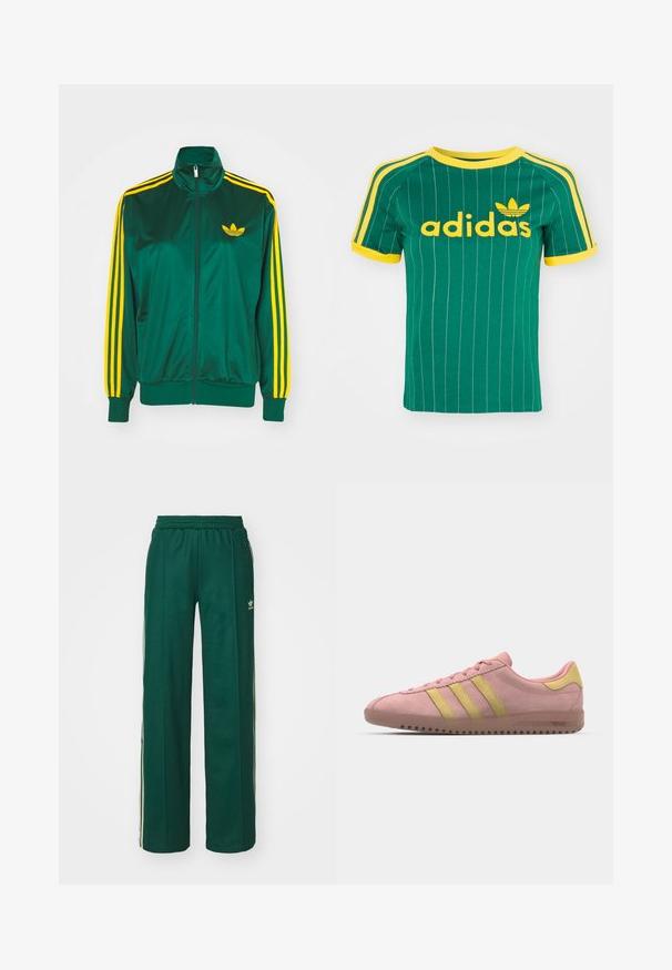 Chaqueta de pista satinada verde, con cremallera en la parte delantera, alto cuello, diseño de tres rayas amarillas en las mangas y un pequeño logo amarillo en el pecho.; Camiseta de algodón verde con rayas blancas verticales, detalles amarillos y el logo de "adidas" en fuente amarilla. Diseño de manga corta y cuello redondo.; Pantalones deportivos de color verde oscuro con un corte relajado, que cuentan con una cintura con cordón, bolsillos laterales y franjas color crema a lo largo de los costados.; Zapatilla de ante rosa con tres franjas amarillas, puntera redondeada y suela de goma texturizada. Diseño de perfil bajo con un collar acolchado.