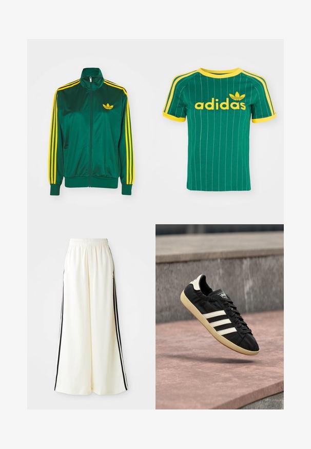 Chaqueta de pista satinada verde, con cremallera en la parte delantera, alto cuello, diseño de tres rayas amarillas en las mangas y un pequeño logo amarillo en el pecho.; Camiseta de algodón verde con rayas blancas verticales, detalles amarillos y el logo de "adidas" en fuente amarilla. Diseño de manga corta y cuello redondo.; Pantalones anchos blancos con cintura elástica y rayas verticales negras a lo largo de las costuras exteriores.; Zapatilla negra Adidas con rayas blancas y suela beige, capturada en el aire sobre una superficie de piedra y con fondo de muro de piedra.