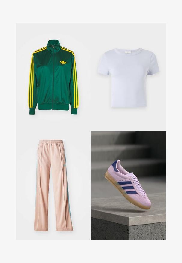 Grøn satin trackjakke, lynlåsfortil, høj krave, gul tre-stripes design på ærmerne og et lille gult logo på brystet.; Lyseblå kortærmet t-shirt med rund hals, lavet af blødt stof; har en tætsiddende pasform og diskrete syninger.; Lyserøde sportspants med afslappet pasform, der har blå sidestriber og en snoretræk i taljen. Fremstillet af glat, letvægtsstof.; Lyse lilla Adidas Gazelle sneaker med marineblå striber og hælfane, gummisål, svævende over en stenhylde med slørede trapper i baggrunden.