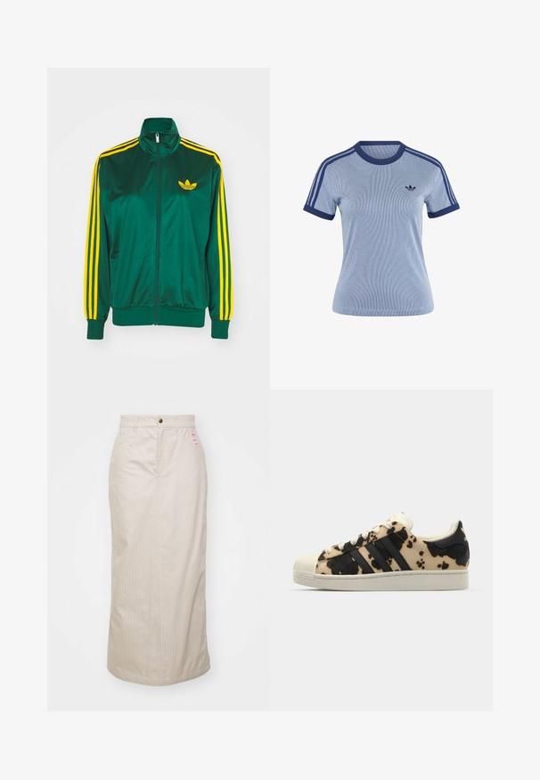 Zelená saténová tréningová bunda, predné zips, vysoký golier, žltý trojprúžkový dizajn na rukávoch a malé žlté logo na hrudi.; Svetlomodré tričko Adidas s krátkym rukávom, tmavomodrým lemom na golieri a manžetách, tromi tmavomodrými pruhmi na pleciach a logom Adidas na hrudi.; Béžová sukňa s pruhmi a vysokým pásom, skrytý zips a kovové zapínanie na gombík. Obsahuje malú značkovú etiketu na prednej strane.; Tenisky s vzorom z hovädzej kože v béžovej a čiernej farbe, tri čierne pruhy, biela gumená špička a textúrovaná podrážka. Obsahujú šnúrky a značkovanie.