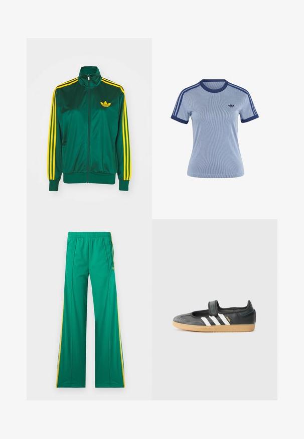 Green satin track jacket, zippered front, high collar, yellow three-stripe design on sleeves, and a small yellow logo on the chest.; Light blue short-sleeve Adidas T-shirt with dark blue trim on collar and cuffs, three dark blue stripes on shoulders, and Adidas logo on chest.; Green track pants with yellow side stripes, elastic waistband, and zippered pockets, displayed flat against a white background.; Black leather and suede sneaker with a Velcro strap, featuring three white stripes and a gum sole, labeled "SAMBA" on the side.