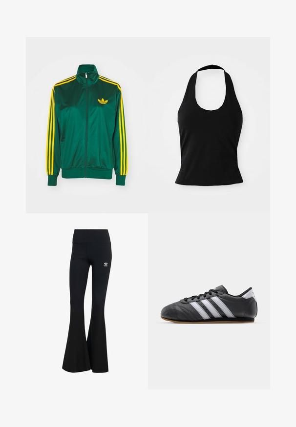 Roheline satiinist spordijakk, lukuga ees, kõrge kaelus, kollased kolm triipu disainis varrukatel ning väike kollane logo rinnal.; Must mustriba mustriba pehmeast kangast, millel on ringikujuline krae ja liibuva siluett, sile tekstuur ja ilma nähtavate mustriteta.; Mustad ribad flared retuusid laia vöökohtaga, millel on vasakul ülal väikene valge Adidas'i logo. Pehme kangastekstuuri.; Must must harjukets, millel on valged triibud, ümmargune varvas, lame tall ja shoelace sulgemine. Omab perforatsioone hingavuse tagamiseks.