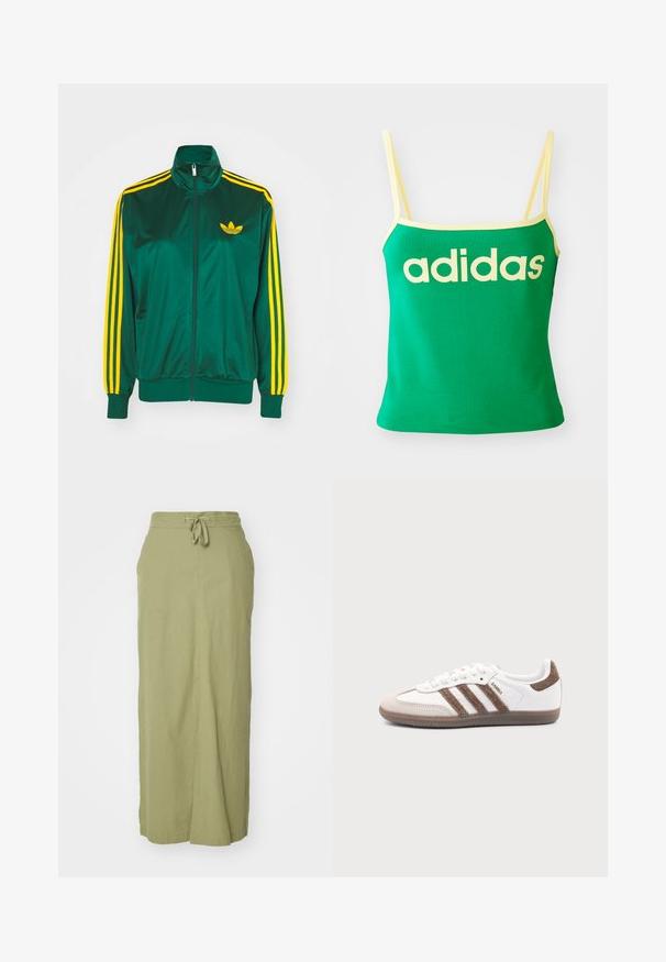 Grüne Satin-Trainingsjacke, mit Reißverschluss vorne, hohem Kragen, gelbem Drei-Streifen-Design an den Ärmeln und kleinem gelben Logo auf der Brust.; Grünes Tanktop mit gelben Akzenten, aus dehnbarem Material. Lieferumfang: großes gelbes "adidas"-Logo auf der Vorderseite und dünne Träger.; Olivgrüßer Leinen-Maxikleid mit Kordelzugbund, geradem Schnitt, seitlichen Taschen und glatter Textur.; Weißer Adidas Samba Sneaker mit braunen Wildlederstreifen, brauner Gummisohle und beiger Wildlederkappe, von der Außenseite auf schlichtem Hintergrund gezeigt.