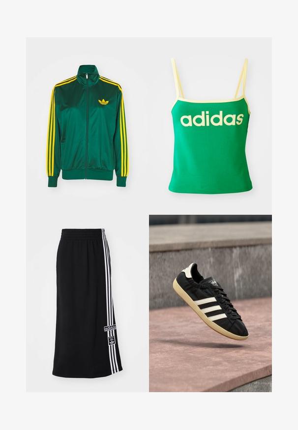 Grüne Satin-Trainingsjacke, mit Reißverschluss vorne, hohem Kragen, gelbem Drei-Streifen-Design an den Ärmeln und kleinem gelben Logo auf der Brust.; Grünes Tanktop mit gelben Akzenten, aus dehnbarem Material. Lieferumfang: großes gelbes "adidas"-Logo auf der Vorderseite und dünne Träger.; Schwarzer Sportrock mit elastischem Bund, der an einer Seite drei weiße Streifen und ein Adidas-Logo-Patch aufweist. Glatte Stoffoberfläche.; Schwarzer Adidas-Sneaker mit weißen Streifen und beiger Sohle, in der Luft über einer steinernen Oberfläche und mit Steinwand im Hintergrund aufgenommen.