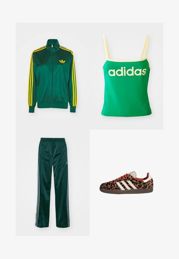 Veste de survêtement en satin vert, fermeture éclair devant, col haut, design à trois rayures jaunes sur les manches, et un petit logo jaune sur la poitrine.; Débardeur vert avec des accents jaunes, fabriqué dans un matériau extensible. Présente un grand logo "adidas" jaune sur le devant et des bretelles fines.; Pantalons de sport vert foncé en matériau brillant, avec des bandes latérales gris clair et un logo brodé sur la jambe gauche.; Baskets en imprimé léopard avec un matériau en suède, lacets rouges et trois rayures blanches sur le côté. Présente une languette de couleur crème et une semelle marron.
