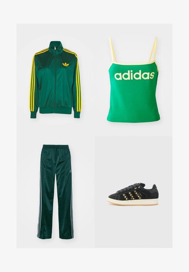 Grüne Satin-Trainingsjacke, mit Reißverschluss vorne, hohem Kragen, gelbem Drei-Streifen-Design an den Ärmeln und kleinem gelben Logo auf der Brust.; Grünes Tanktop mit gelben Akzenten, aus dehnbarem Material. Lieferumfang: großes gelbes "adidas"-Logo auf der Vorderseite und dünne Träger.; Dunkelgrüne Sporthosen aus glänzendem Material, mit seitlichen Streifen in Hellgrau und einem gestickten Logo auf dem linken Bein.; adidas Originals CAMPUS 00S W - Sneaker low - core black/carbon/gold-coloured