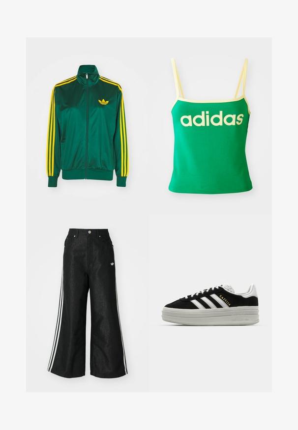 Chaqueta de pista satinada verde, con cremallera en la parte delantera, alto cuello, diseño de tres rayas amarillas en las mangas y un pequeño logo amarillo en el pecho.; Top verde con detalles amarillos, hecho de material elástico. Presenta un gran logo de "adidas" amarillo en el frente y tirantes delgados.; Pantalones de denim anchos y negros con tres franjas blancas en cada lado y un pequeño logo blanco. Cuenta con bolsillos frontales y un cierre de botón.; Zapatillas negras de ante con detalles en cuero blanco, tres rayas blancas, cordones planos y una gruesa suela de plataforma gris. Marca "Gazelle" en dorado.