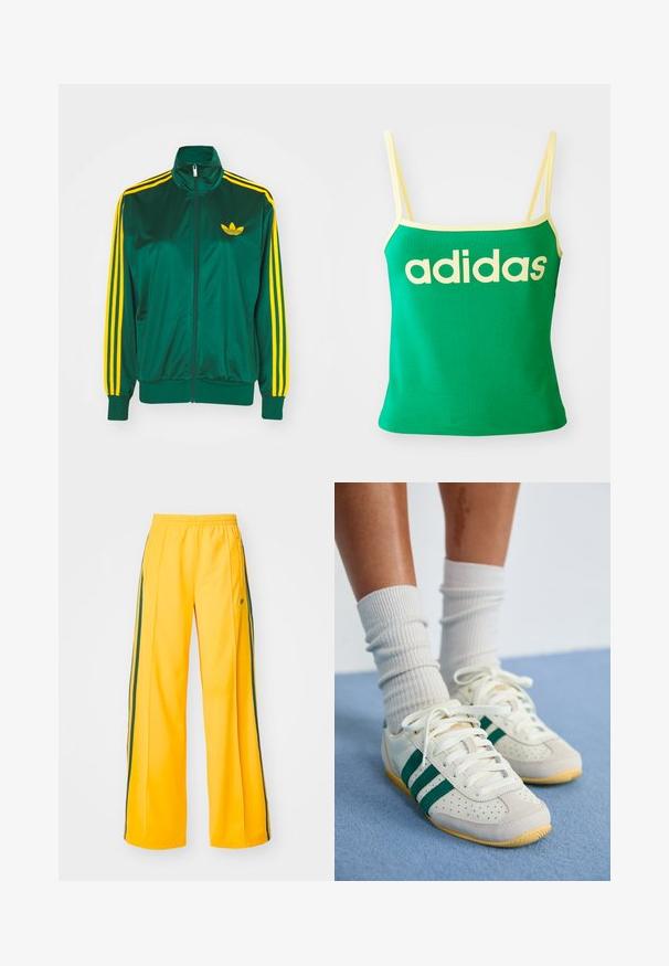 Chaqueta de pista satinada verde, con cremallera en la parte delantera, alto cuello, diseño de tres rayas amarillas en las mangas y un pequeño logo amarillo en el pecho.; Top verde con detalles amarillos, hecho de material elástico. Presenta un gran logo de "adidas" amarillo en el frente y tirantes delgados.; Pantalones deportivos amarillos de pierna ancha, con stripes verdes en los laterales y un pequeño logo en la cadera izquierda. Cintura elástica para mayor comodidad.; Pies con zapatillas blancas con rayas verdes y calcetines blancos de canalé que están sobre una alfombra azul claro.