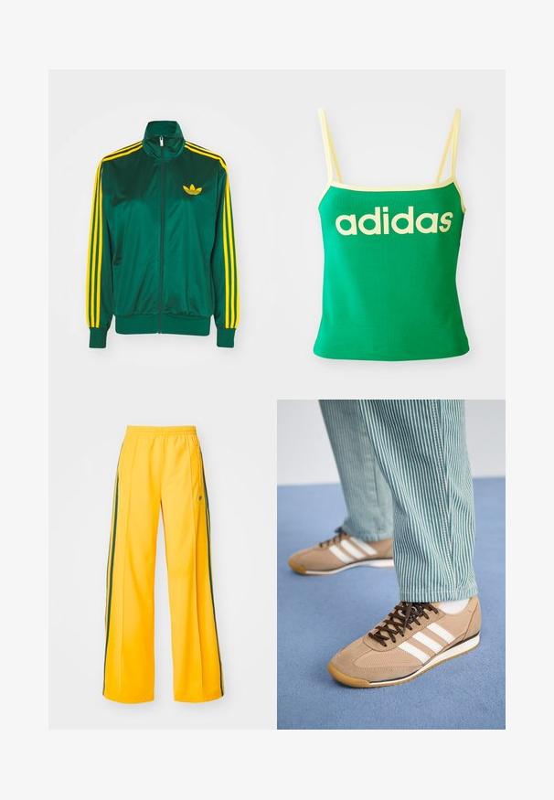 Chaqueta de pista satinada verde, con cremallera en la parte delantera, alto cuello, diseño de tres rayas amarillas en las mangas y un pequeño logo amarillo en el pecho.; Top verde con detalles amarillos, hecho de material elástico. Presenta un gran logo de "adidas" amarillo en el frente y tirantes delgados.; Pantalones deportivos amarillos de pierna ancha, con stripes verdes en los laterales y un pequeño logo en la cadera izquierda. Cintura elástica para mayor comodidad.; Zapatillas de ante y malla color arena con cordones marrones y tres rayas blancas. Combinadas con pantalones a rayas verdes y blancas, descansando sobre una superficie azul.