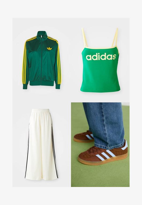 Grüne Satin-Trainingsjacke, mit Reißverschluss vorne, hohem Kragen, gelbem Drei-Streifen-Design an den Ärmeln und kleinem gelben Logo auf der Brust.; Grünes Tanktop mit gelben Akzenten, aus dehnbarem Material. Lieferumfang: großes gelbes "adidas"-Logo auf der Vorderseite und dünne Träger.; Weiße weite Hosen mit elastischem Bund und schwarzen vertikalen Streifen an den äußeren Nähten.; Braune Adidas-Sneaker mit weißen Streifen und Gummisohlen, getragen mit blauen Jeans auf grünem Teppich.