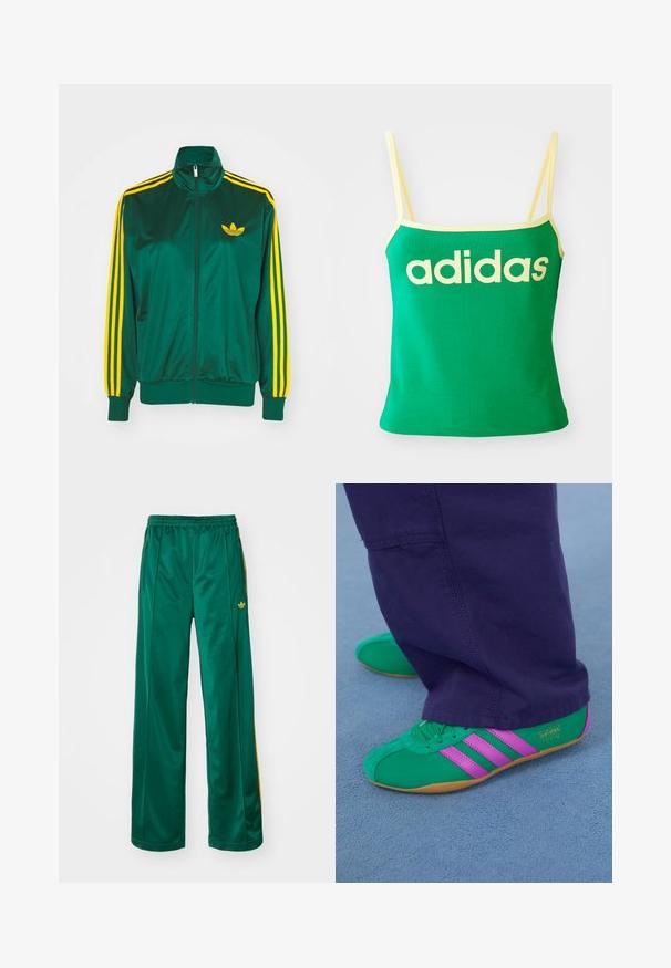 Chaqueta de pista satinada verde, con cremallera en la parte delantera, alto cuello, diseño de tres rayas amarillas en las mangas y un pequeño logo amarillo en el pecho.; Top verde con detalles amarillos, hecho de material elástico. Presenta un gran logo de "adidas" amarillo en el frente y tirantes delgados.; Pantalones deportivos de satén verdes con un corte relajado, que presentan acentos de rayas amarillas y un logotipo bordado en el lado izquierdo. Cintura elástica.; Zapatillas deportivas de ante verdes y moradas con tres franjas de acento y suela de goma, combinadas con pantalones morados, sobre una superficie azul suave.