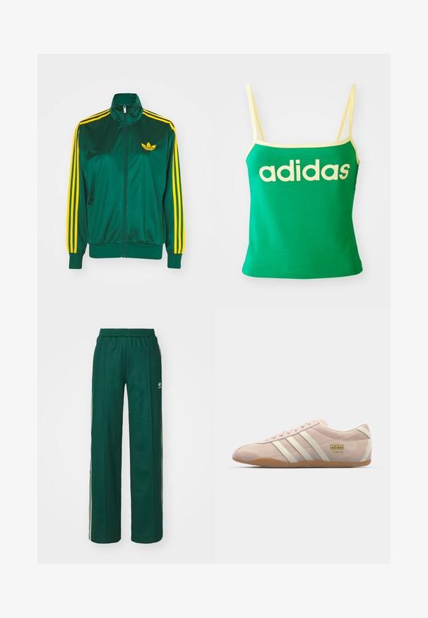 Groene satijnen trainingsjack, met rits aan de voorkant, hoge kraag, gele drie-strepen design op de mouwen en een klein geel logo op de borst.; Groene tanktop met gele accenten, gemaakt van rekbaar materiaal. Heeft een groot geel "adidas" logo over de voorkant en dunne banden.; Donkergroene sportbroek met een relaxte pasvorm, voorzien van een trekkoord in de taille, zijzakken en crèmekleurige strepen aan de zijkanten.; adidas Originals TOKYO - Sneakers laag - quartz/off white