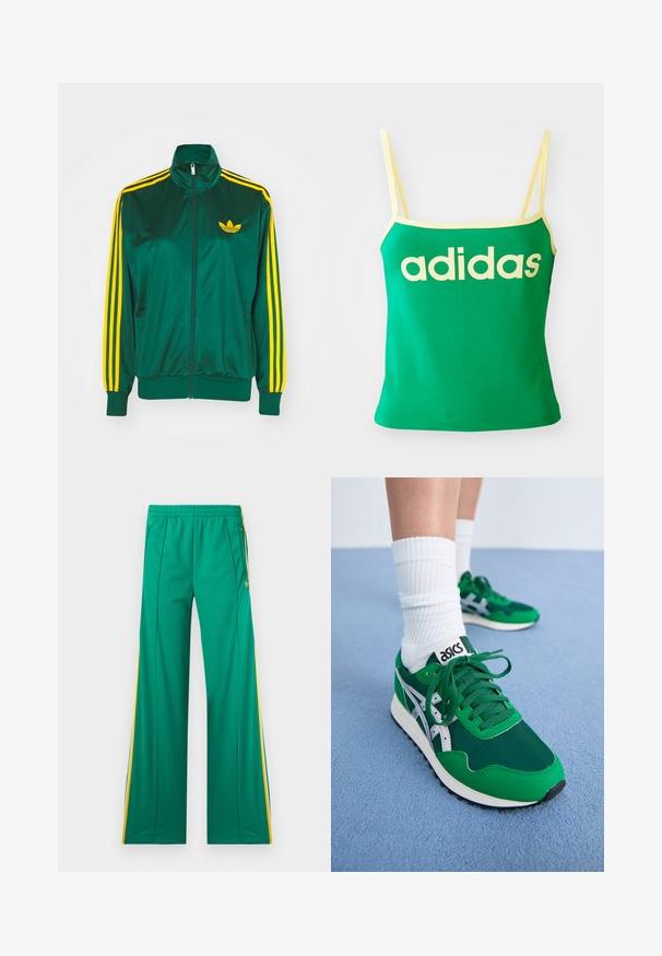 Chaqueta de pista satinada verde, con cremallera en la parte delantera, alto cuello, diseño de tres rayas amarillas en las mangas y un pequeño logo amarillo en el pecho.; Top verde con detalles amarillos, hecho de material elástico. Presenta un gran logo de "adidas" amarillo en el frente y tirantes delgados.; Pantalones deportivos verdes con franjas laterales amarillas, cintura elástica y bolsillos con cremallera, exhibidos planos sobre un fondo blanco.; Zapatillas de malla verde y sintéticas con acentos blancos y suela de goma negra. Incluyen cordones, collar acolchado y logo de ASICS en la lengüeta.