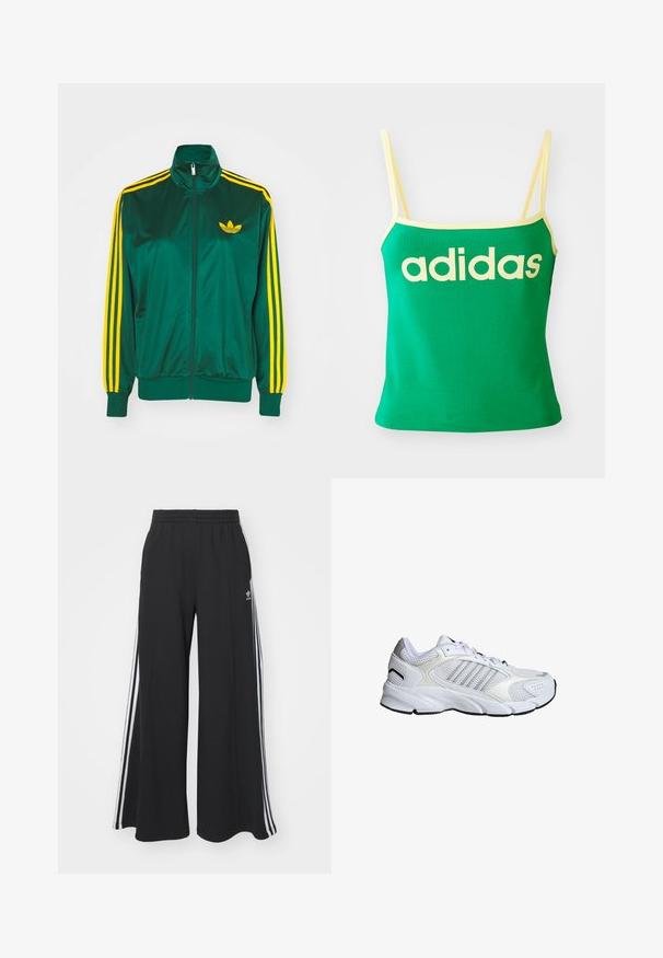 Groene satijnen trainingsjack, met rits aan de voorkant, hoge kraag, gele drie-strepen design op de mouwen en een klein geel logo op de borst.; Groene tanktop met gele accenten, gemaakt van rekbaar materiaal. Heeft een groot geel "adidas" logo over de voorkant en dunne banden.; Zwarte broek met wijde pijpen en een elastische tailleband, met drie witte strepen langs de buitenkant en een klein logo aan de voorkant.; Witte sportschoen met ademend mesh en synthetische materialen, drie zilveren strepen, een getextureerde rubberen zool en een gevoerde kraag.