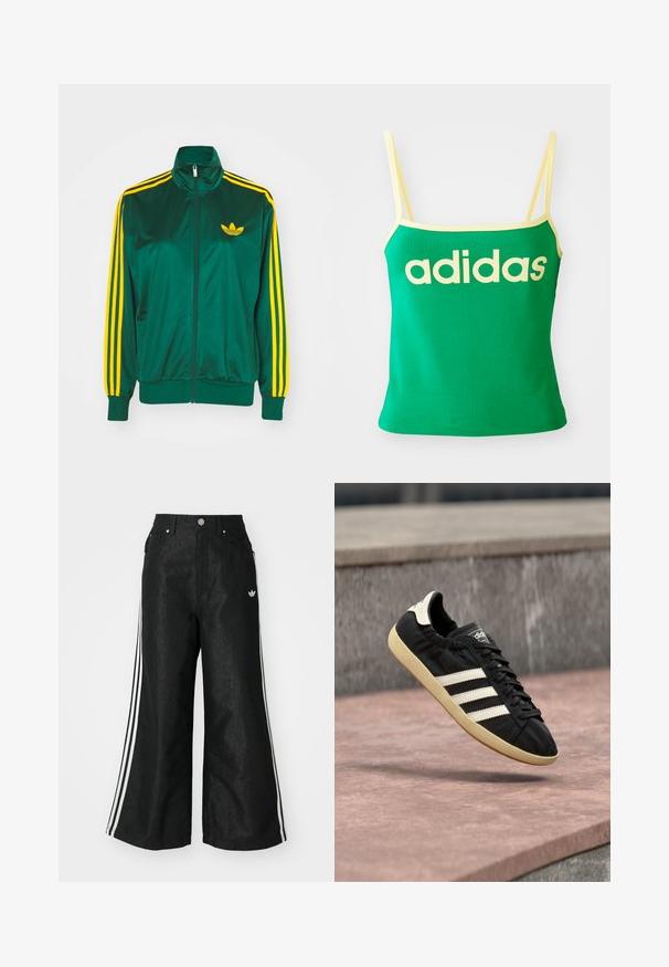 Chaqueta de pista satinada verde, con cremallera en la parte delantera, alto cuello, diseño de tres rayas amarillas en las mangas y un pequeño logo amarillo en el pecho.; Top verde con detalles amarillos, hecho de material elástico. Presenta un gran logo de "adidas" amarillo en el frente y tirantes delgados.; Pantalones de denim anchos y negros con tres franjas blancas en cada lado y un pequeño logo blanco. Cuenta con bolsillos frontales y un cierre de botón.; Zapatilla negra Adidas con rayas blancas y suela beige, capturada en el aire sobre una superficie de piedra y con fondo de muro de piedra.